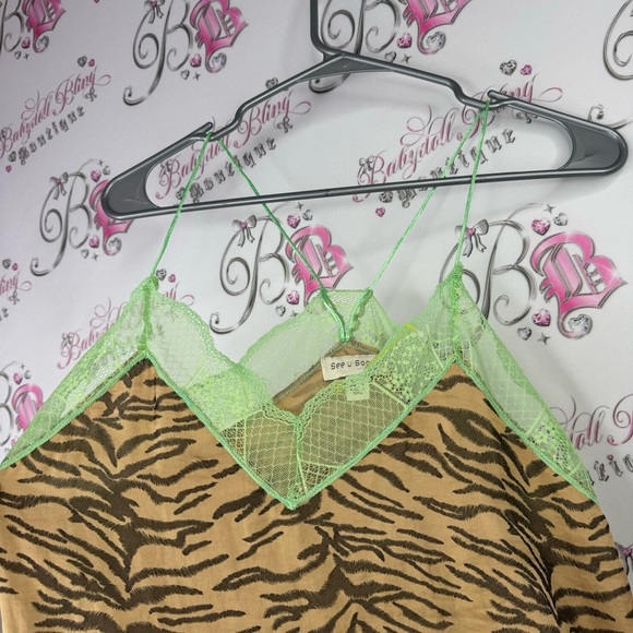 See u soon tank top cami camisole zebra beige print lime green lace racer back - Picture 2 of 6
